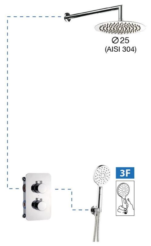 AQG Aqua, shower set for 2 users: with thermostat, 25x25 cm round overhead shower and bracket, color chrome