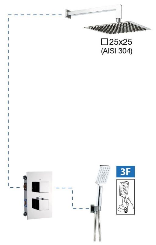 AQG Qu, shower set for 2 users with thermostat, with square overhead shower 25x25 cm and bracket, color chrome