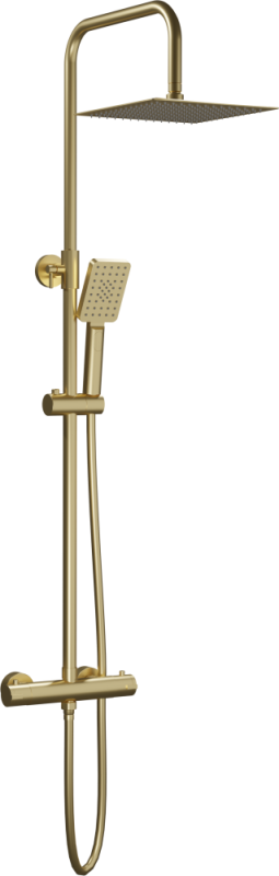 AQG Nite, height adjustable shower column 95-150 cm: with thermostat and square overhead shower 25 cm, color matt gold (PVD).